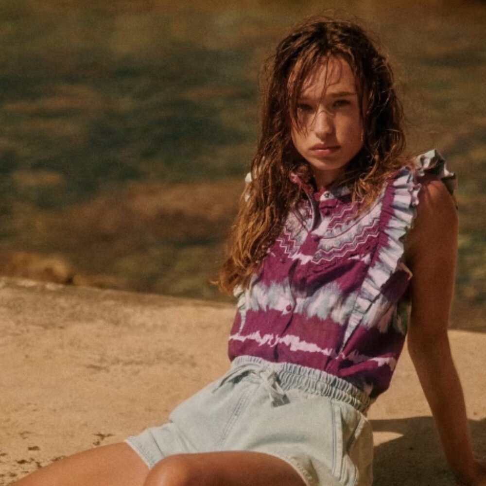Sezane Purple Tie-Dye Ruffle Button-Down Top